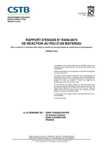 RAPPORT D'ESSAIS N° RA06-0074 DE REACTION AU ... - Isover