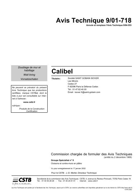 Avis Technique 9/01-718 Calibel - Isover