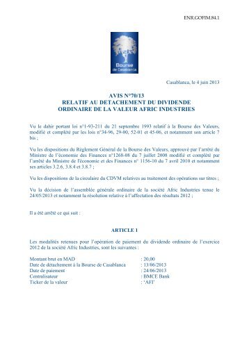 Détachement du dividende ordinaire de la valeur AFRIC INDUSTRIES