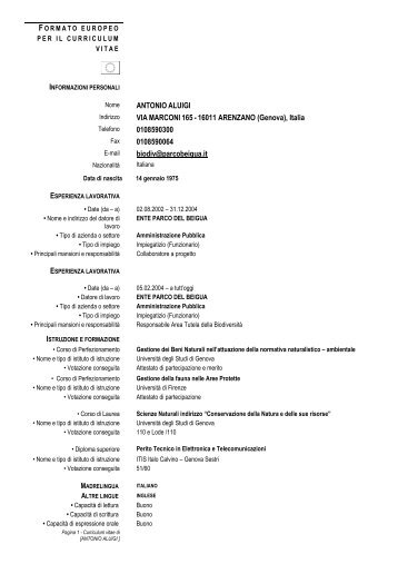 Curriculum Vitae Responsabile Area Tutela della BioversitÃ 