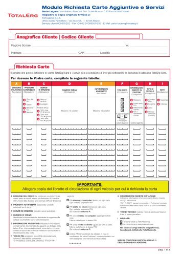 Modulo Richiesta Carte Aggiuntive e Servizi - Totalerg