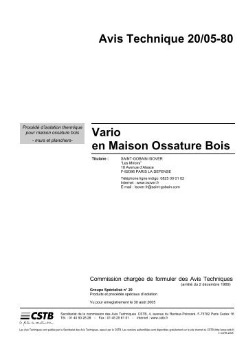 Avis Technique 20/05-80 Vario en Maison Ossature Bois - Isover