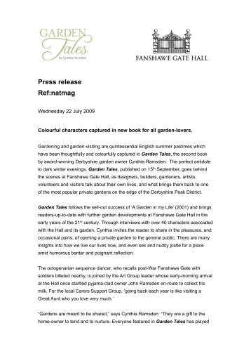 Read the Garden Tales Launch Press Release - Fanshawe Gate Hall