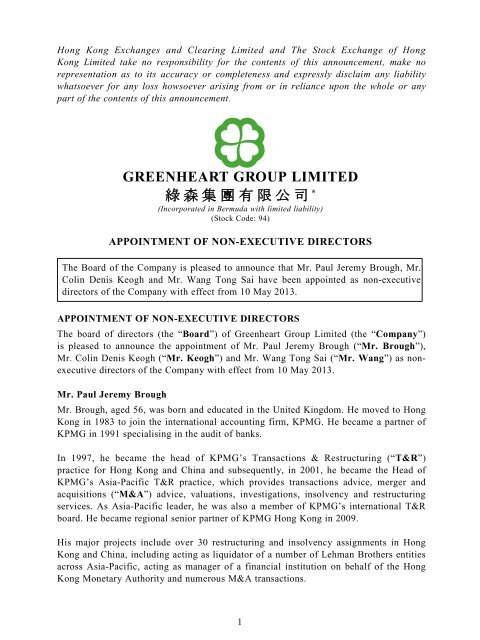 Appointment Of Non Executive Directors Greenheart Group