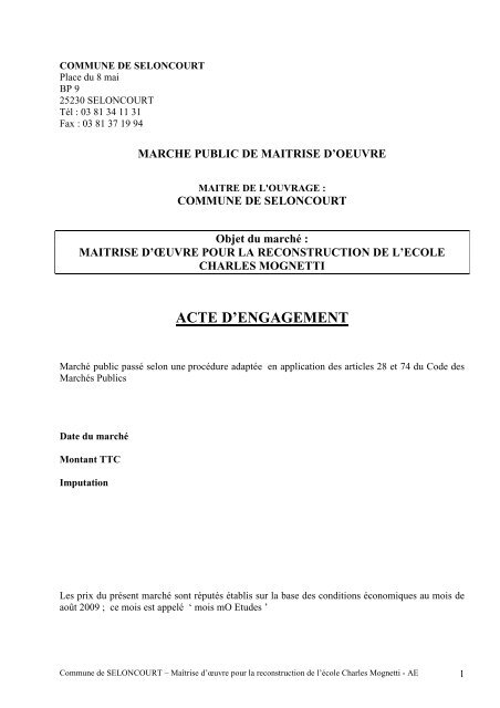 acte d'engagement - Mairie de Seloncourt