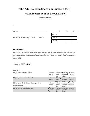 The Adult Autism Spectrum Quotient (AQ) Vuxenversionen: 16 år ...