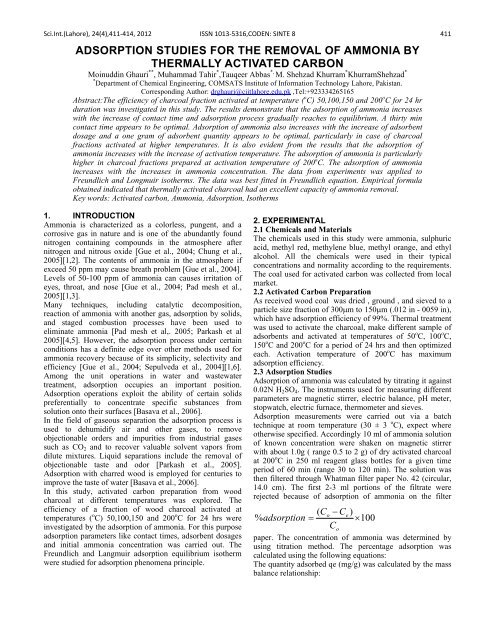 adsorption studies for the removal of ammonia by ... - Sci-int.com