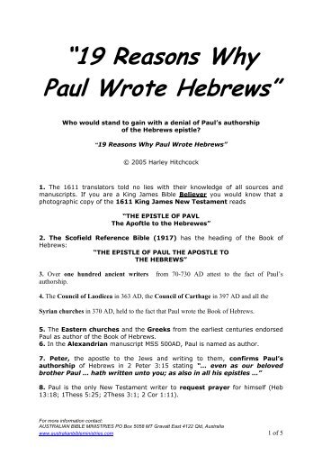19 Reasons Why Paul Wrote Hebrews - Australian Bible Ministries