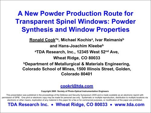 A New Powder Production Route for Transparent Spinel Windows ...