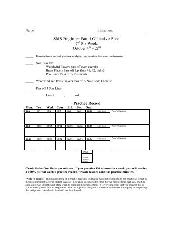 SMS Beginner Band Objective Sheet