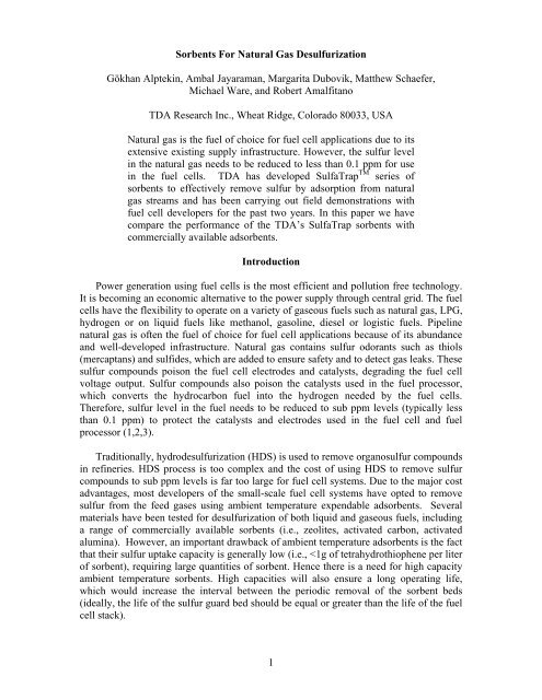 Sorbents for Natural Gas Desulfurization - TDA Research, Inc.