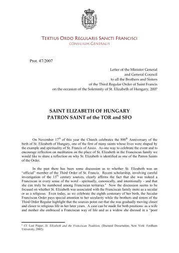 Saint Elizabeth: Patron Saint of the TOR and SFO - Tertius Ordo ...