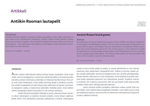 Artikkeli Antiikin Rooman lautapelit - Pelitutkimuksen vuosikirja