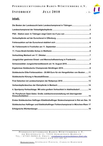 INFOBRIEF JULI 2010 - Pferdezuchtverband Baden-Württemberg