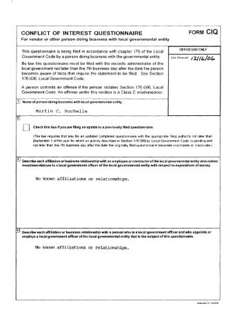 CONFLICT OF INTEREST QUESTIONNAIRE FORM CIQ