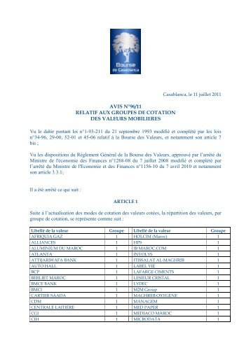 groupes de cotation des valeurs mobilieres - Bourse de Casablanca