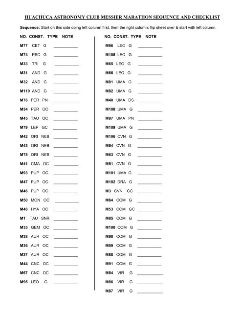 HAC Messier Marathon Checklist - Huachuca Astronomy Club