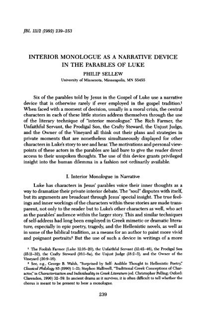 Interior Monologue As A Narrative Device In The Parables Of Luke