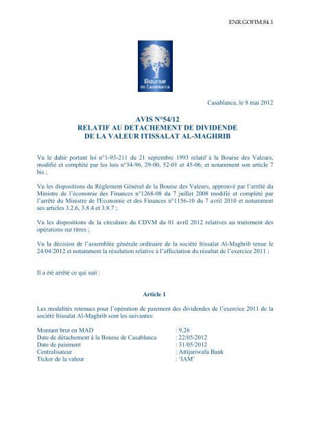 Dividendes - Bourse de Casablanca