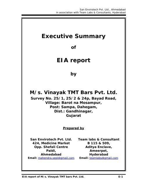 Executive Summary of EIA report by M/s. Vinayak TMT ... - eRc India