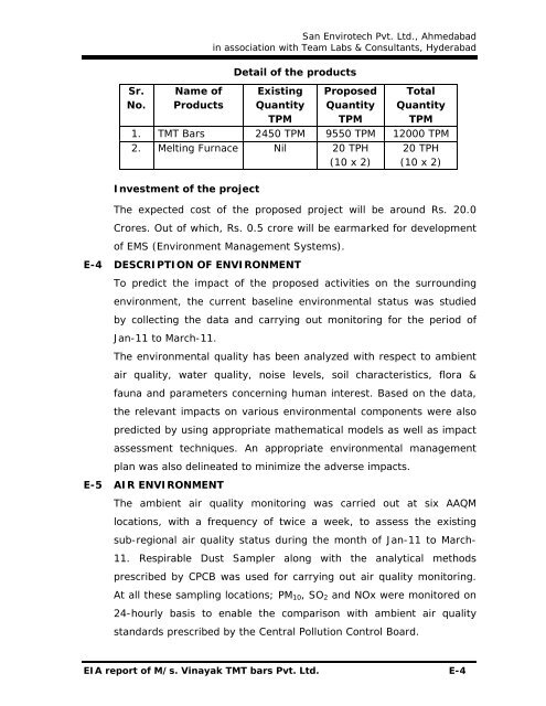 Executive Summary of EIA report by M/s. Vinayak TMT ... - eRc India