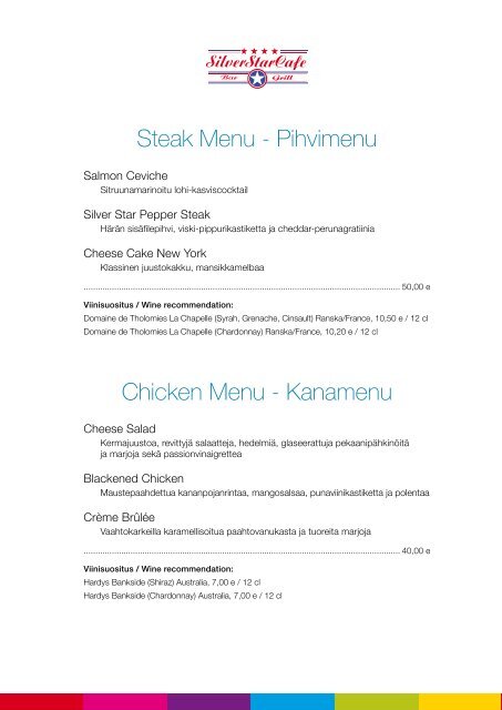 Silver Star Cafe a la carte menu - Tapahtumaravintolat