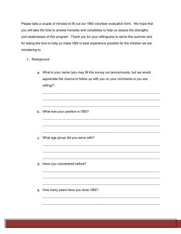 VBS Evaluation Form - Ministry-To-Children