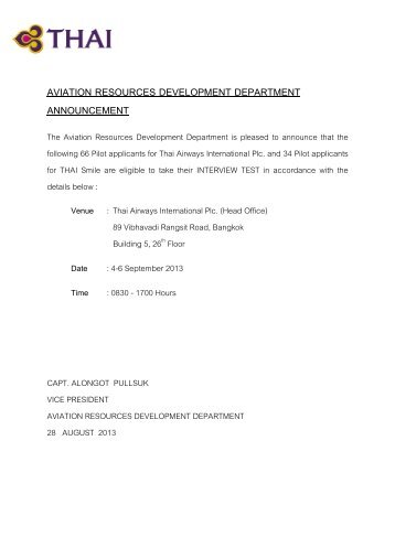 aviation resources development department announcement - tg pilot ...