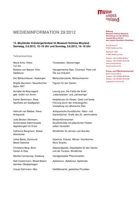 MEDIENINFORMATION 29/2012 - Museum Schloss Moyland