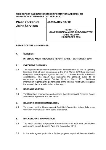 Agenda 10 Internal Audit Progress Report - West Yorkshire Joint ...