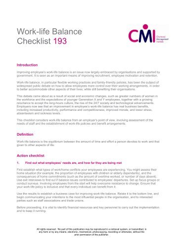 Work Life Balance Checklist - Chartered Management Institute