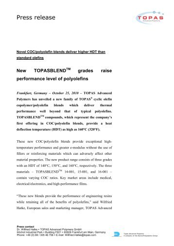 New TOPASBLENDTM grades raise performance level of polyolefins