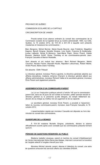 PROVINCE DE QUÃBEC - Commission scolaire de la Capitale