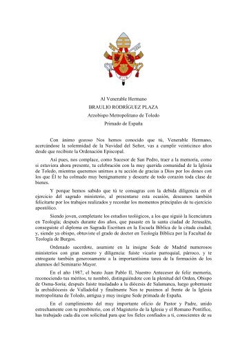 Carta de Benedicto XVI con motivo del XXV aniversario episcopal ...