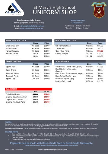 Alinta Price List and Fitting Times - St Mary's High School