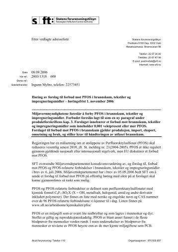 Høring av forslag til forbud mot PFOS i brannskum, tekstiler og ...