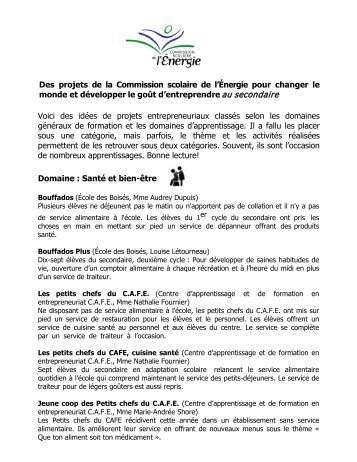 Liste des projets entrepreneuriaux au secondaire - Commission ...