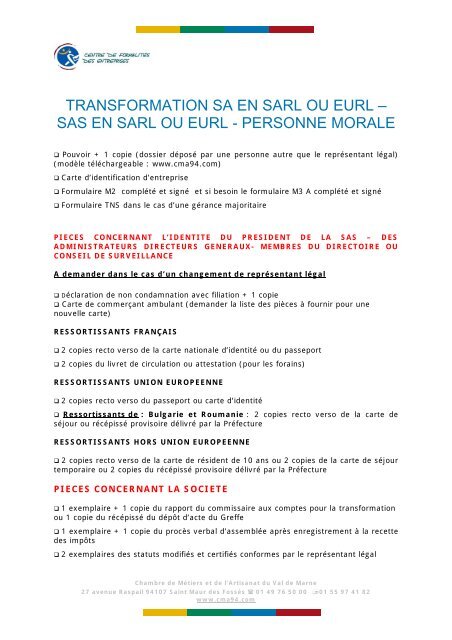 transformation sa en sarl ou eurl â sas en sarl ou eurl - Chambre de ...