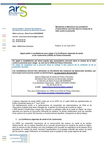 appel candidature ass lutte contre la precarite - ARS Poitou-Charentes