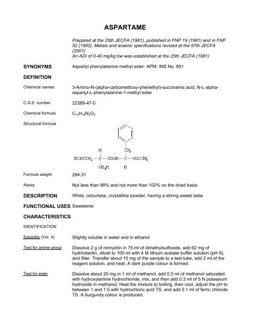 Aspartame Assay - Prepared At The 25th JEFCA (1981)