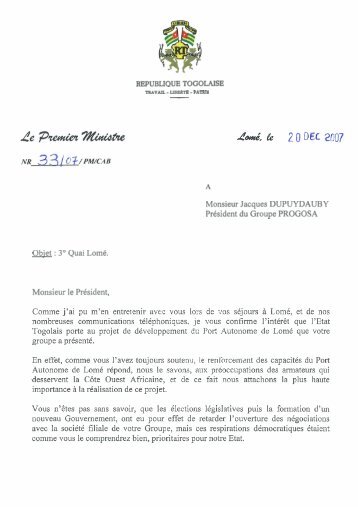 lettre du Premier Ministre du Togo, Komlan Mally, du 20 dÃ©cembre ...