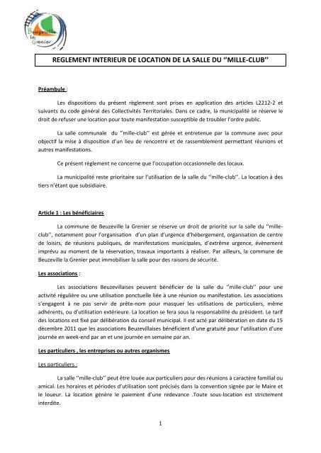 Règlement du Mille Club - Bienvenue à Beuzeville la Grenier