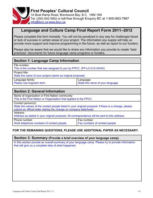 Language and Culture Camp Final Report Form ... - First Peoples