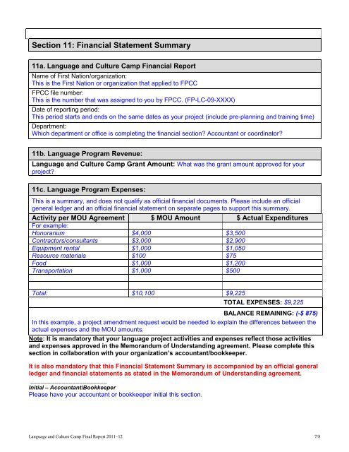 Language and Culture Camp Final Report Form ... - First Peoples