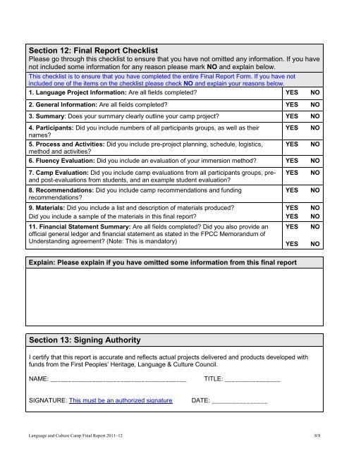 Language and Culture Camp Final Report Form ... - First Peoples