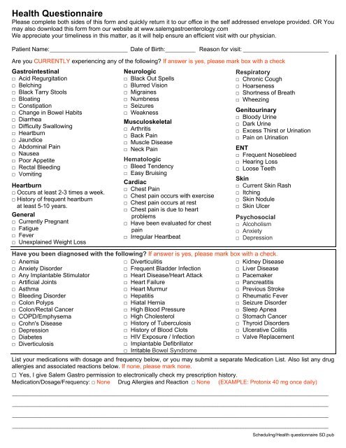health history questionnaire salem