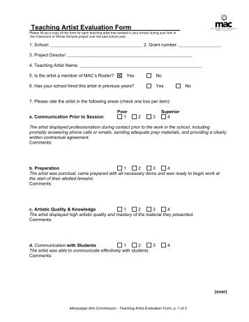 Teaching Artist Evaluation Form - Mississippi Arts Commission