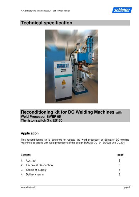 Technical specification Reconditioning kit for DC Welding ... - Schlatter
