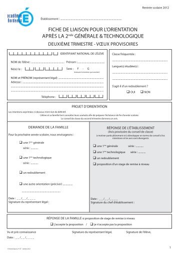 Fiche de liaison orientation 2nde GT- rentrÃ©e 2012 - Onisep