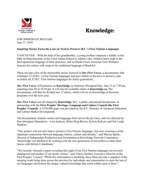 Press Release June 17, 2010 - First Peoples